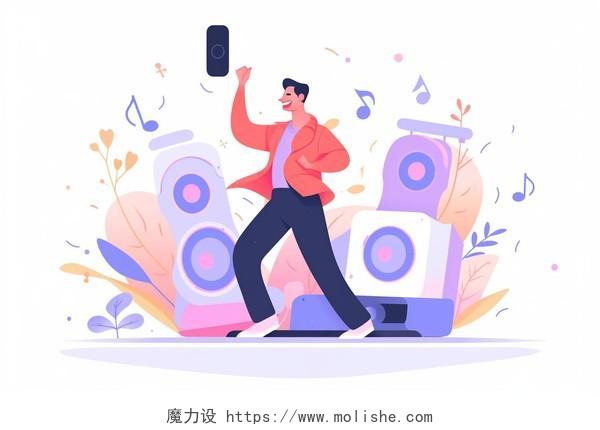 一个跳舞的男人站在巨大的音响前播放音乐扁平AI元素